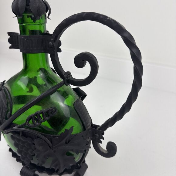 Vintage Metal Encased Wine Bottle w/ Iron Handle Green Glass Ornate With Cork - Picture 4 of 13